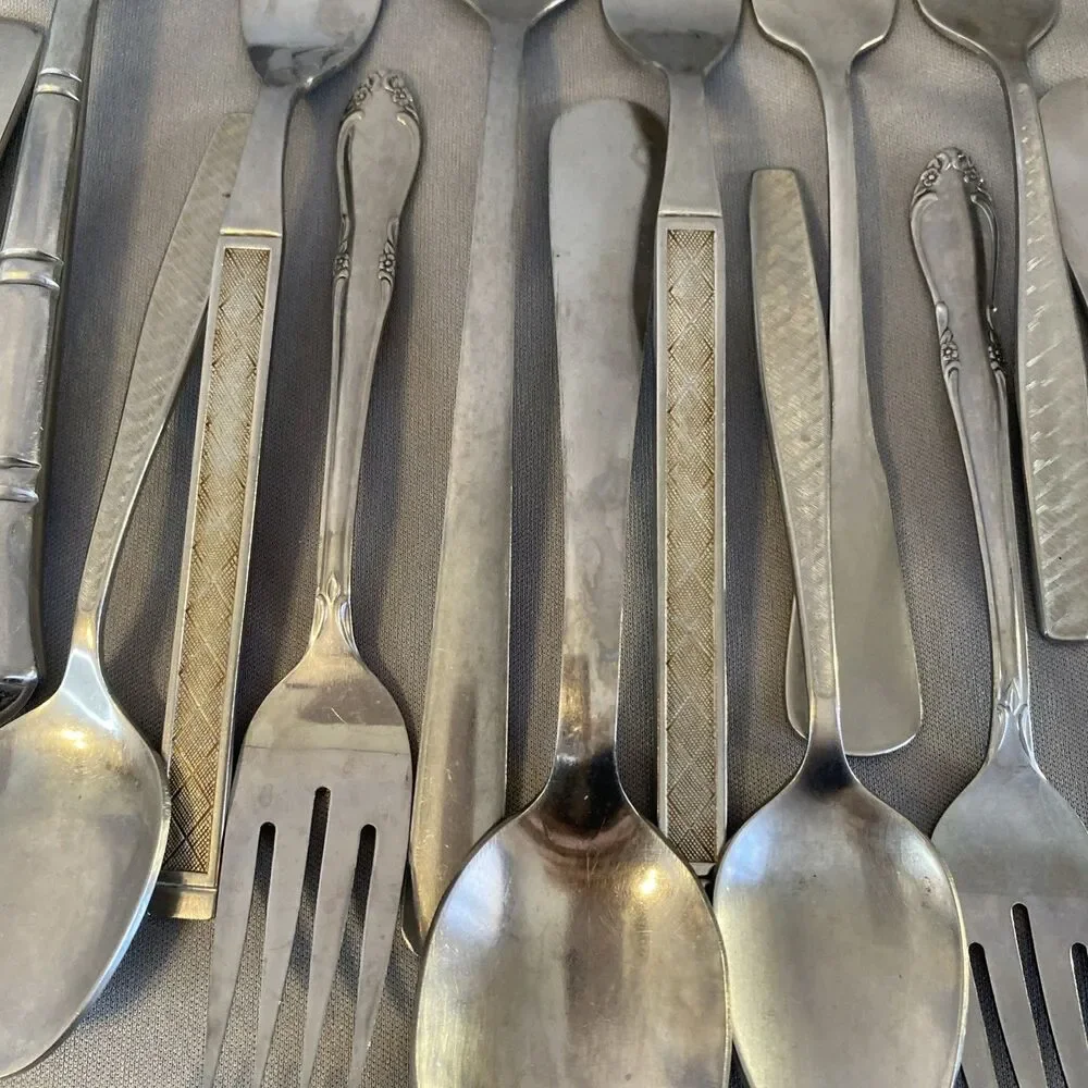 Vintage Lot Mixed Stainless Steel Flatware Silverware MCM Floral Textured Atomic